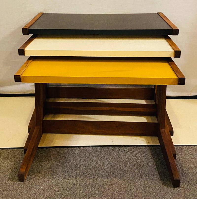 Mid Century Modern Set of Walnut Vinyl Nesting Side Tables By Jens Risom, 1960's