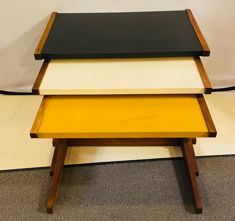 Mid Century Modern Set of Walnut Vinyl Nesting Side Tables By Jens Risom, 1960's