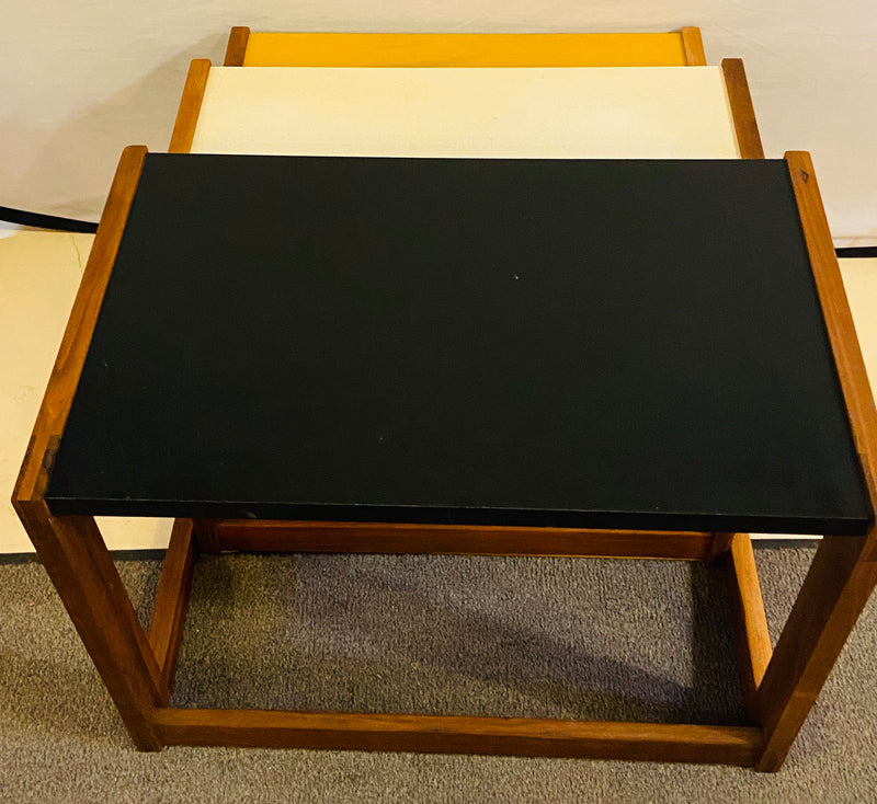 Mid Century Modern Set of Walnut Vinyl Nesting Side Tables By Jens Risom, 1960's