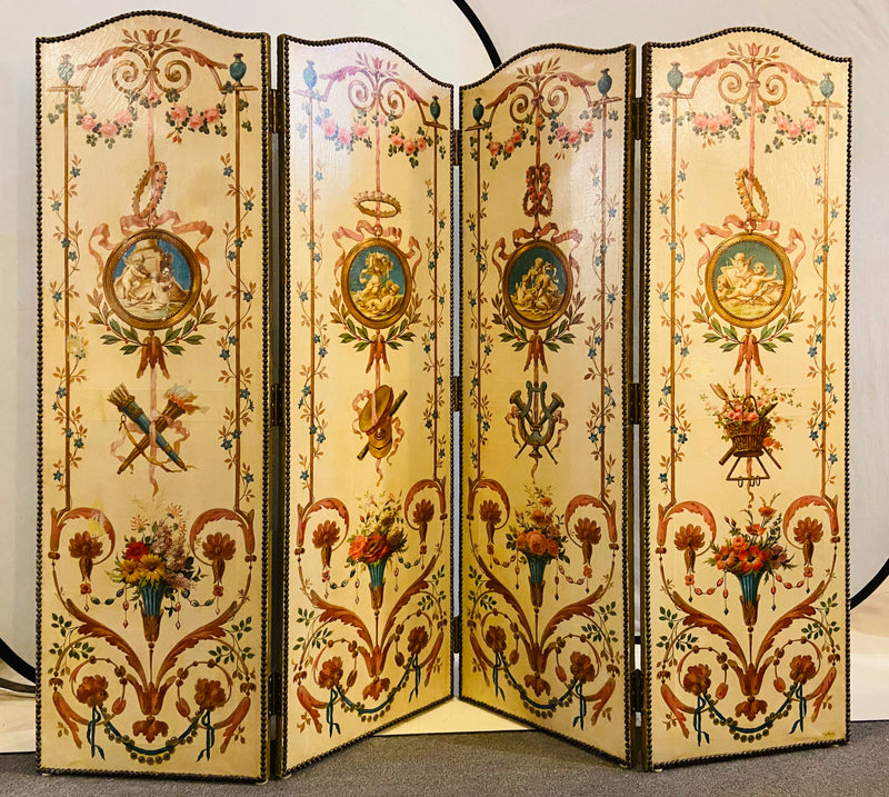 18th Century French Oil Canvas, Hand Painted Four-Panel Room Divider/Screen