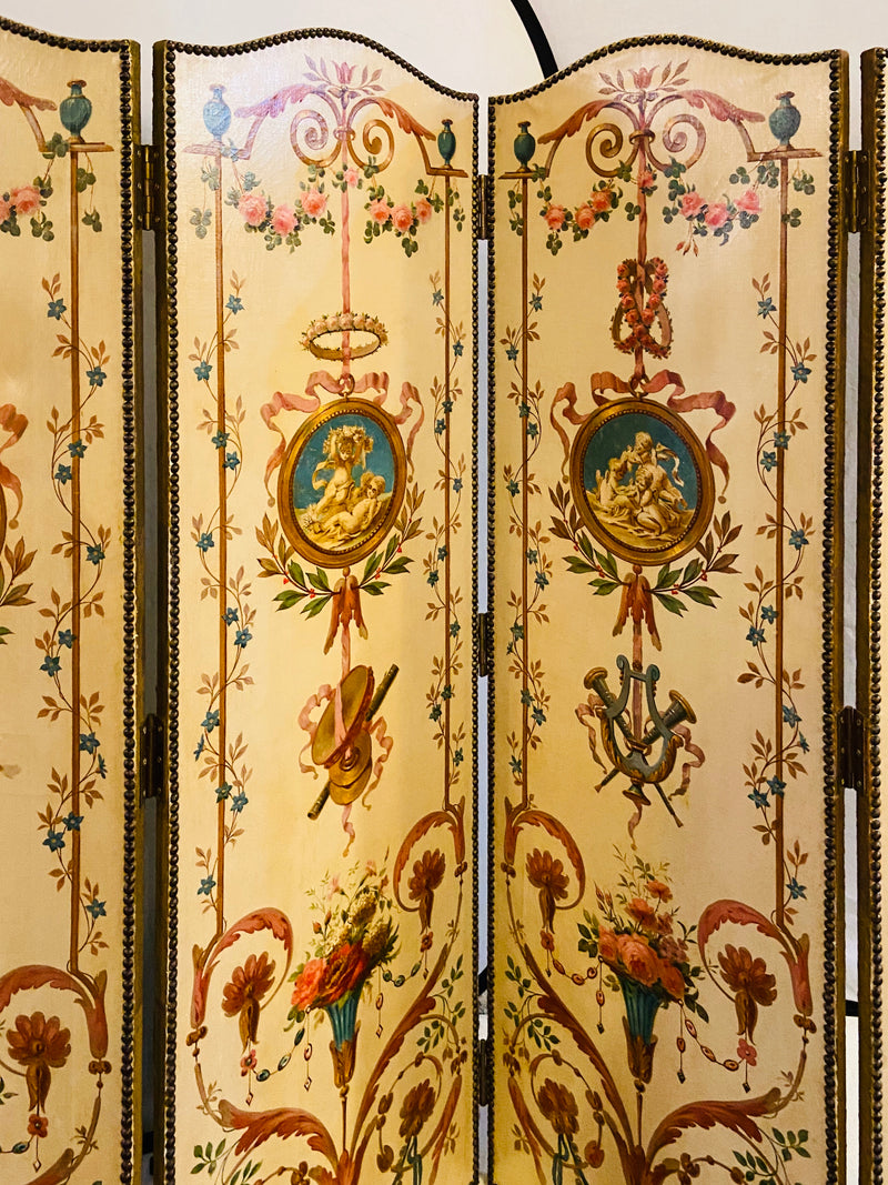 18th Century French Oil Canvas, Hand Painted Four-Panel Room Divider/Screen