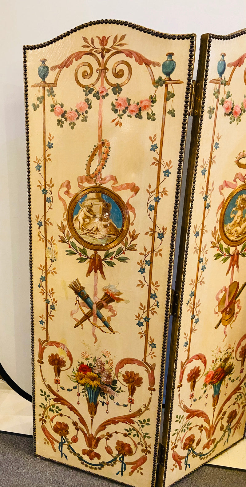 18th Century French Oil Canvas, Hand Painted Four-Panel Room Divider/Screen