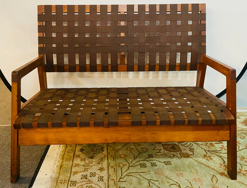 Mid-Century Modern Weaved Strap and Canvas Bench in the manner of Jens Risom