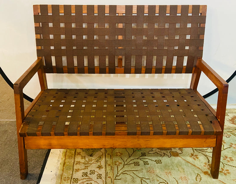 Mid-Century Modern Weaved Strap and Canvas Bench in the manner of Jens Risom