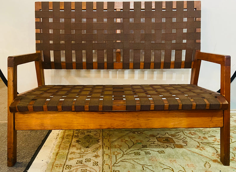 Mid-Century Modern Weaved Strap and Canvas Bench in the manner of Jens Risom