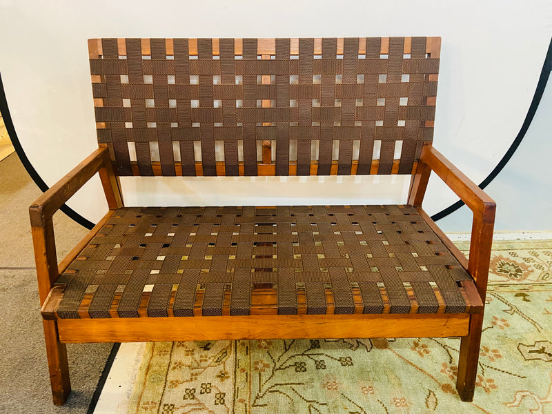 Mid-Century Modern Weaved Strap and Canvas Bench in the manner of Jens Risom
