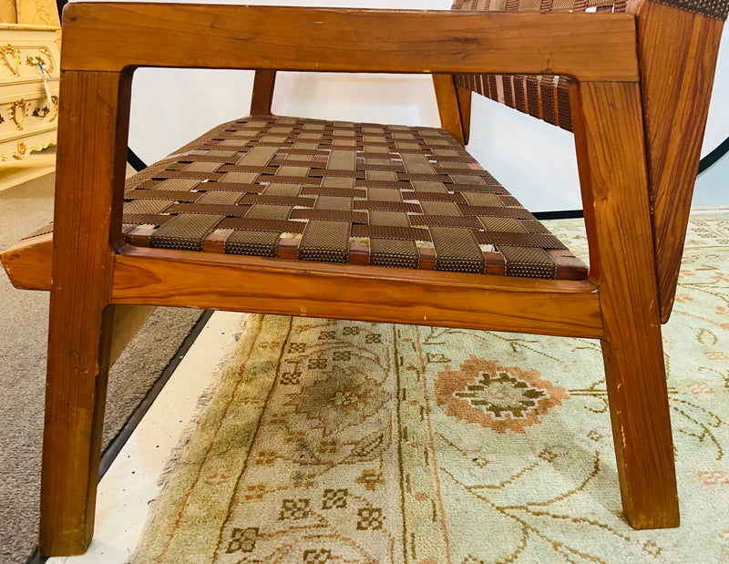 Mid-Century Modern Weaved Strap and Canvas Bench in the manner of Jens Risom