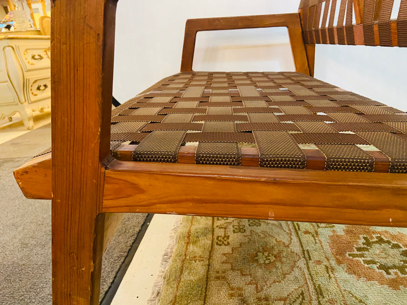 Mid-Century Modern Weaved Strap and Canvas Bench in the manner of Jens Risom