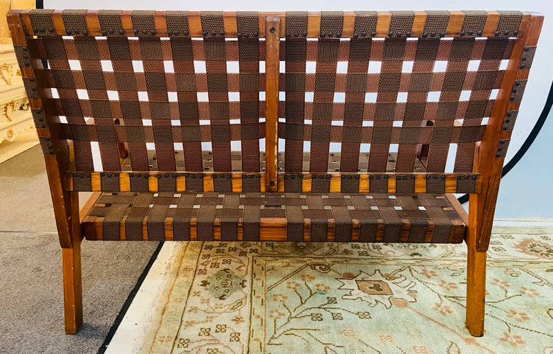 Mid-Century Modern Weaved Strap and Canvas Bench in the manner of Jens Risom