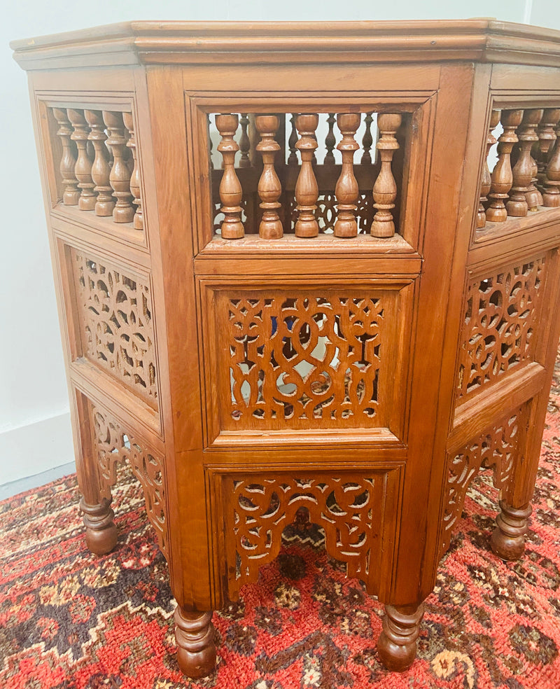 Moroccan Glass Top Carved Wood End or Side Table