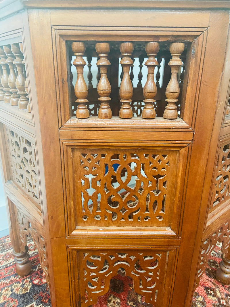 Moroccan Glass Top Carved Wood End or Side Table