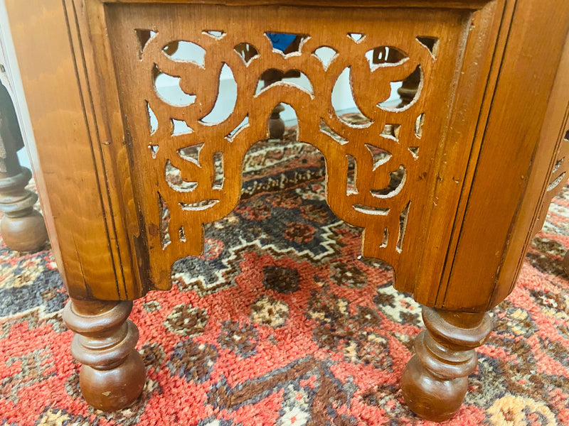Moroccan Glass Top Carved Wood End or Side Table