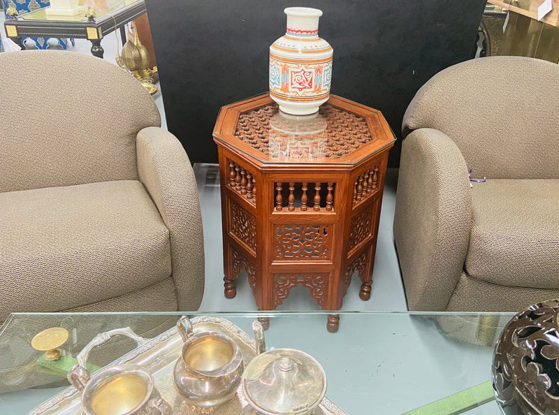 Moroccan Glass Top Carved Wood End or Side Table