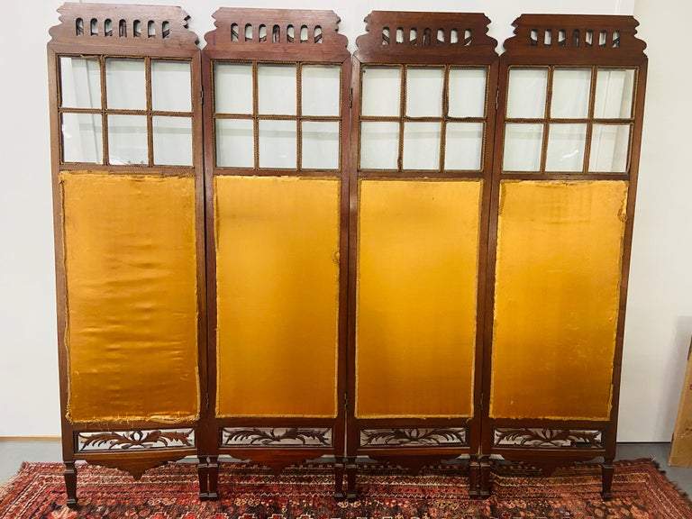 19th century English carved mahogany and glass four-panel room divider or scree