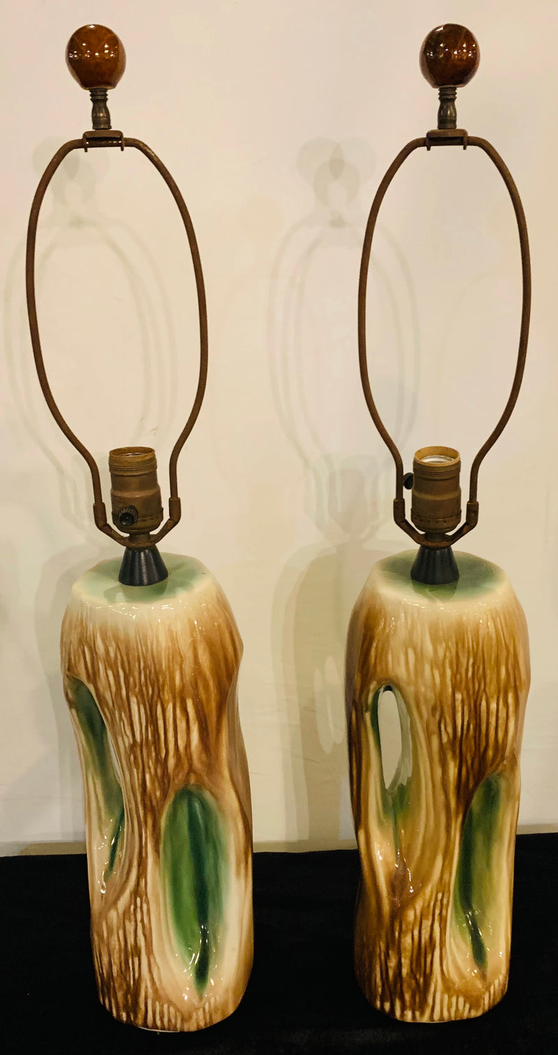 Yasha Heifetz Mid-Century Modern Ceramic Tree Trunk Table Lamp, a Pair