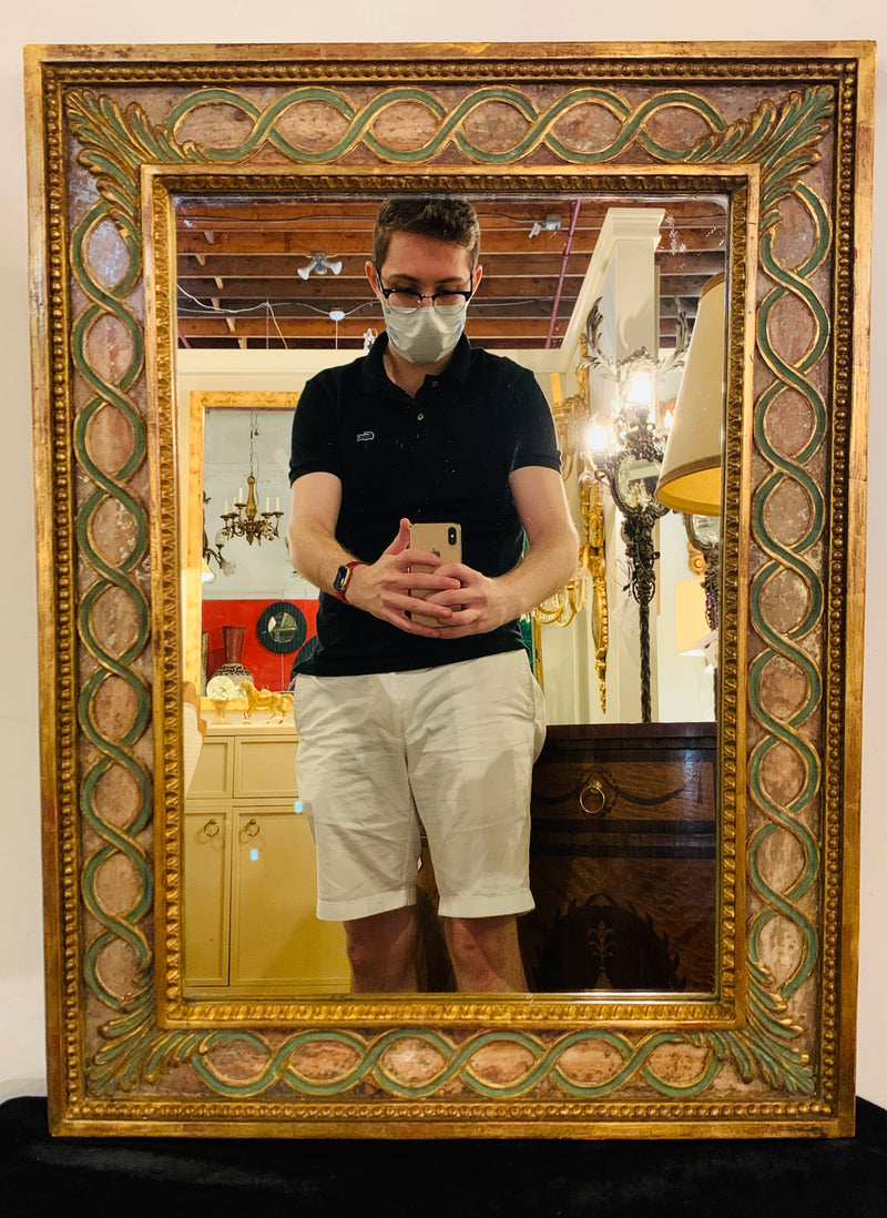 Antiqued Mirror, Gilt Wood & Handpainted Framed Wall/Vanity or Console Mirror