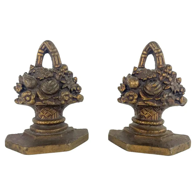 Antique Bronze Floral Design Bookends, a Pair