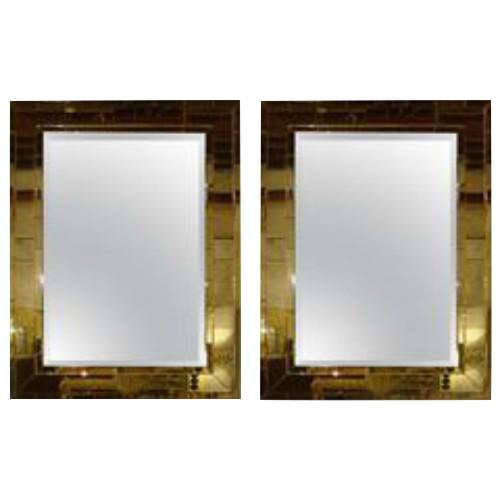 Art Deco Mid- Century Style Brick Framed Distressed Wall Mirrors - A Pair