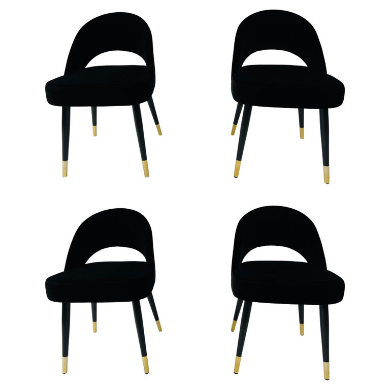 Mid-Century Modern Style Black Suede Barrel Dining or Side Chair, a Set of 4