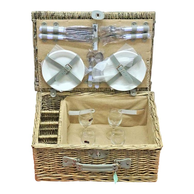Wicker Picnic Basket With Flatware, Plates & Wine Glasses - Set of 21