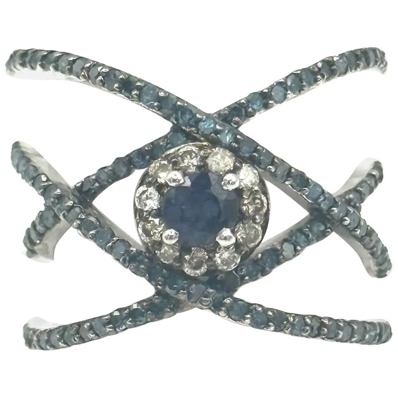Blue Sapphire & Diamond Crisscross Cocktail Ring in Silver