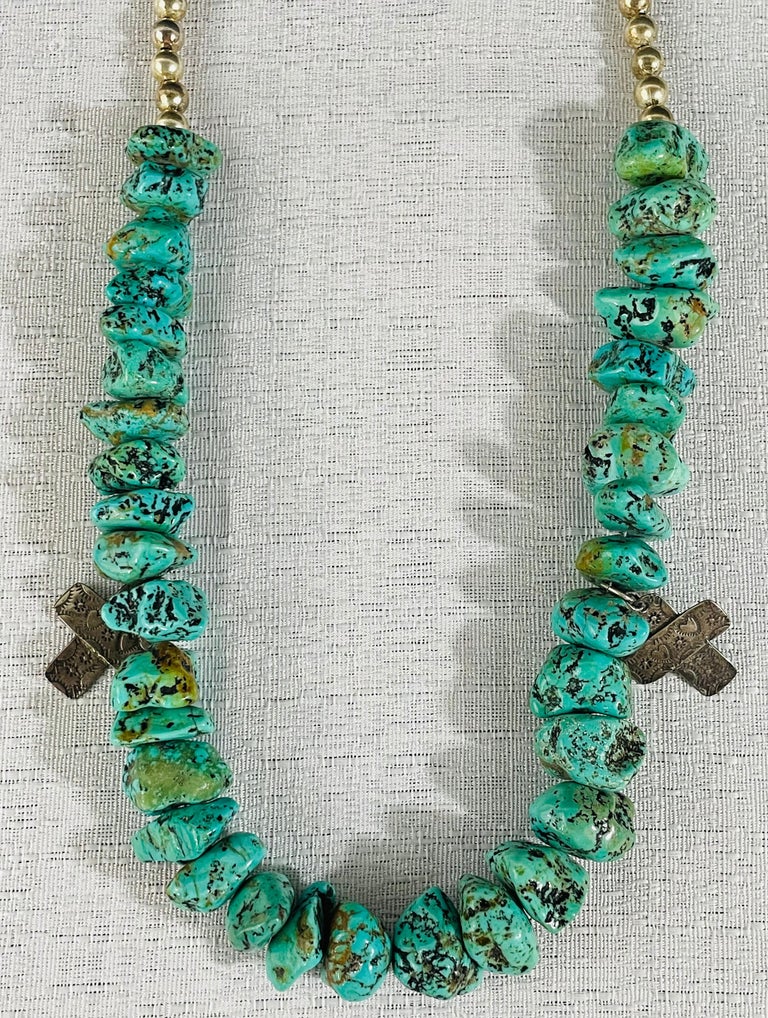 Navajo Turquoise and Pearls Necklace with Sterling Silver Cross Pendants
