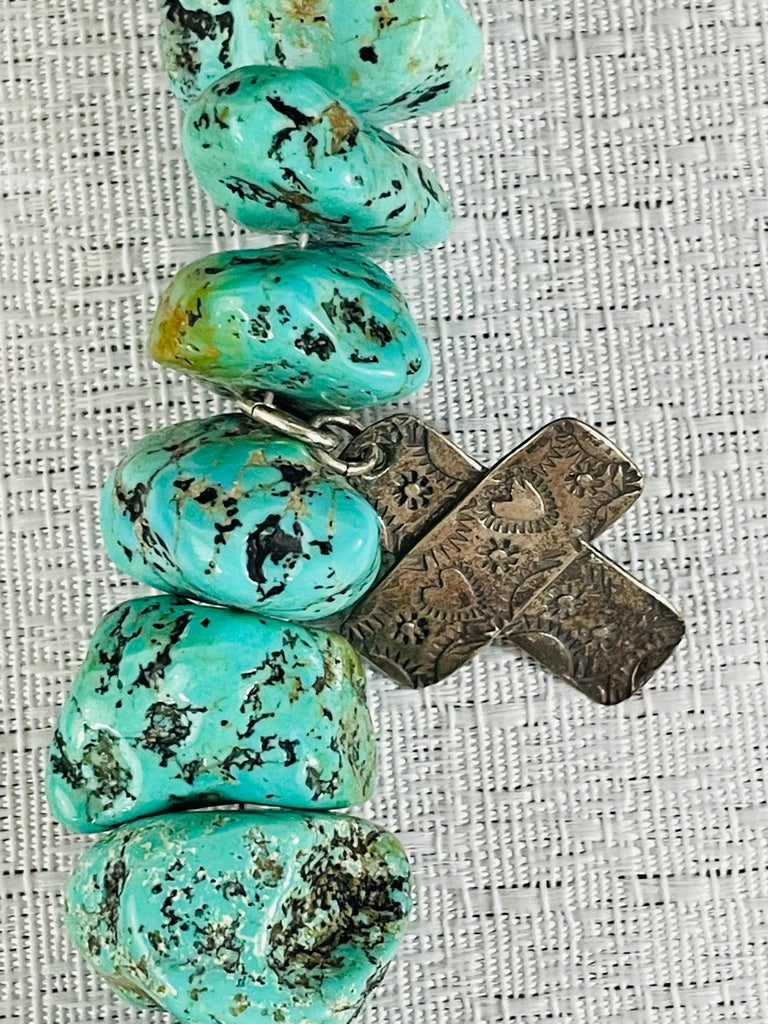 Navajo Turquoise and Pearls Necklace with Sterling Silver Cross Pendants