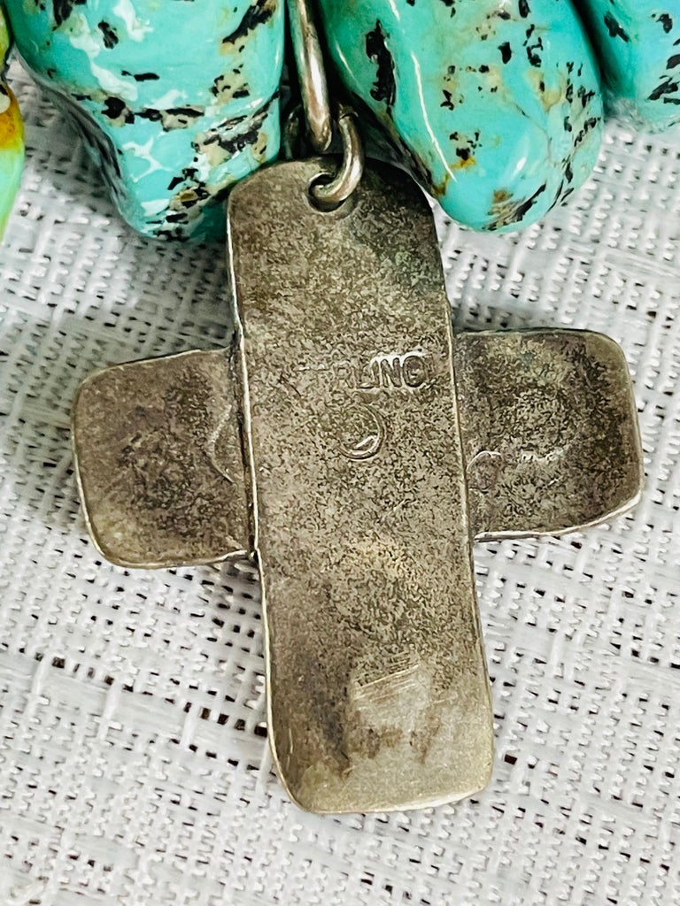 Navajo Turquoise and Pearls Necklace with Sterling Silver Cross Pendants