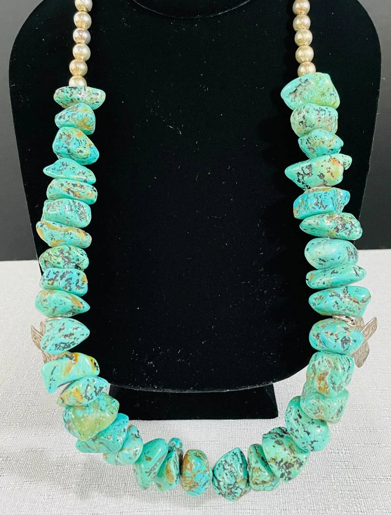 Navajo Turquoise and Pearls Necklace with Sterling Silver Cross Pendants