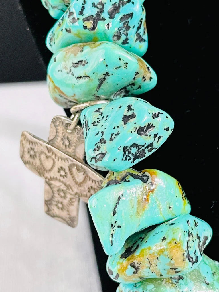 Navajo Turquoise and Pearls Necklace with Sterling Silver Cross Pendants