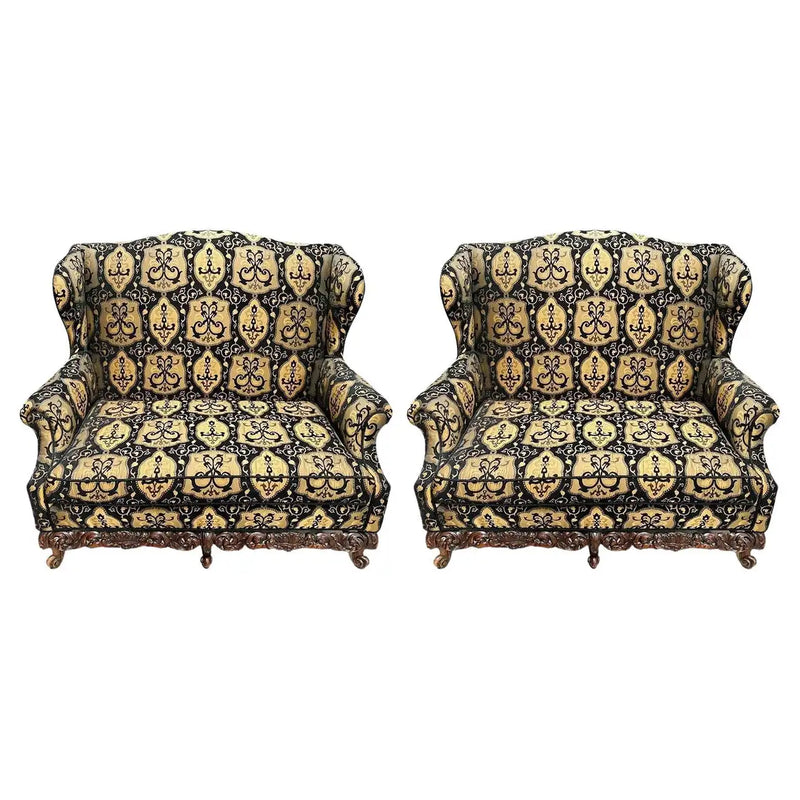 Italian Rococo Revival Style Settee or Sofa, Black and Beige Upholstery, a Pair