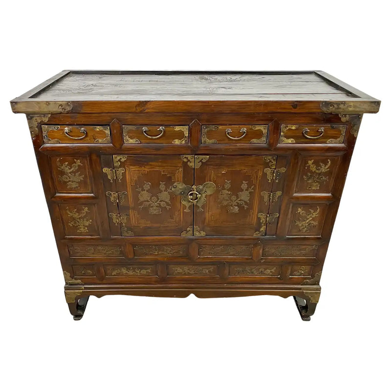 Antique Korean Tansu Butterfly Cabinet or Chest Elm Wood with Brass Inlay