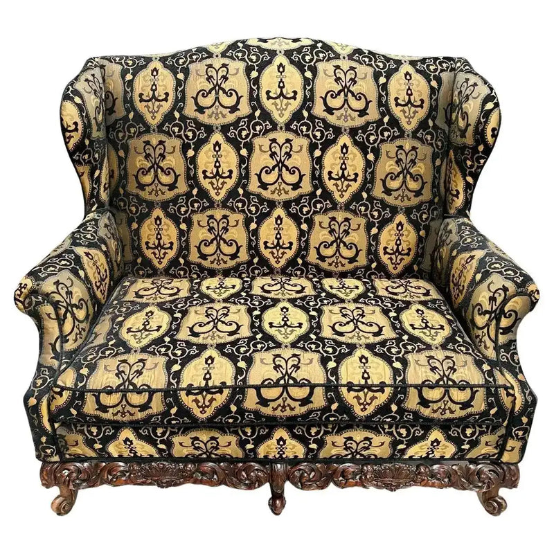 Italian Rococo Revival Style Settee or Sofa, Black and Beige Upholstery, a Pair