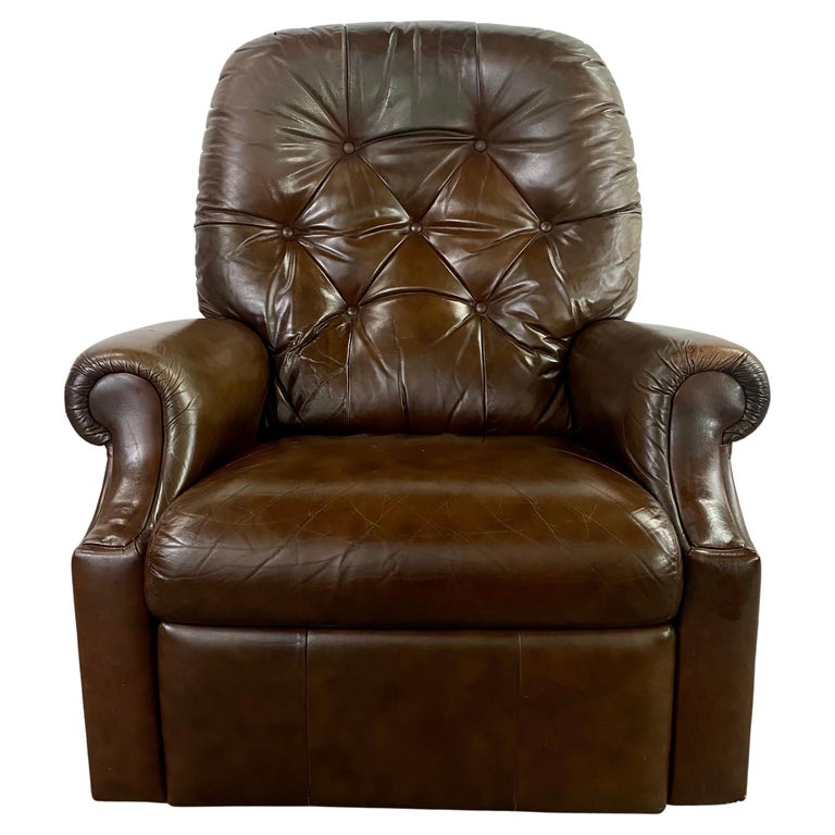 Mid-Century Brown Leather Tufted Reclining Club Chair