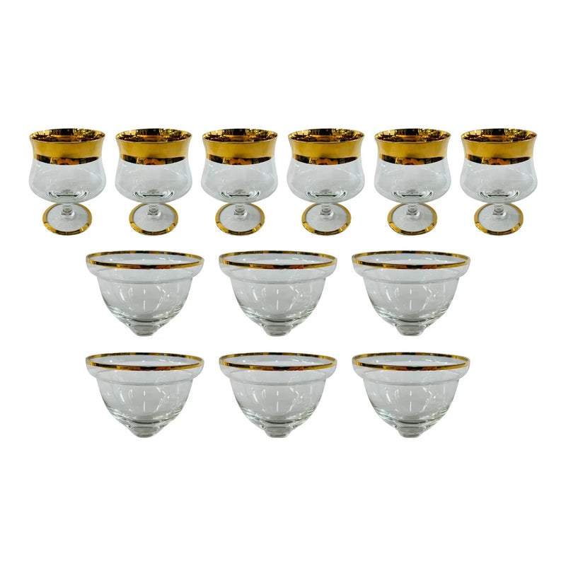 Gold/Crystal Wine Glasses and Dessert Glass Bowls, Set of 12