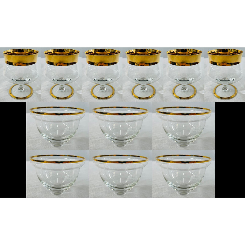 Gold/Crystal Wine Glasses and Dessert Glass Bowls, Set of 12