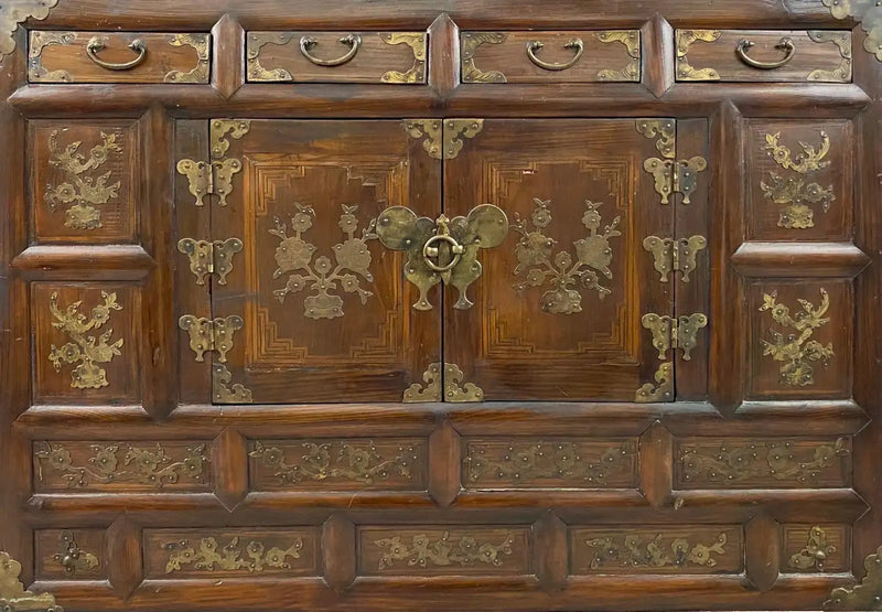 Antique Korean Tansu Butterfly Cabinet or Chest Elm Wood with Brass Inlay