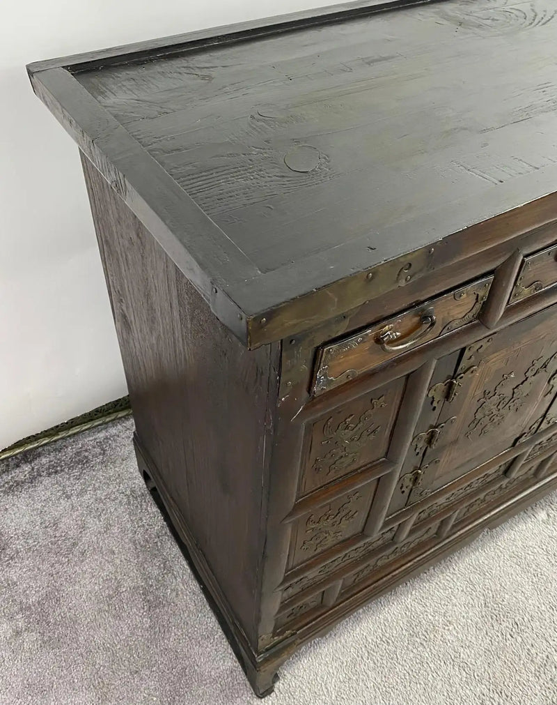 Antique Korean Tansu Butterfly Cabinet or Chest Elm Wood with Brass Inlay