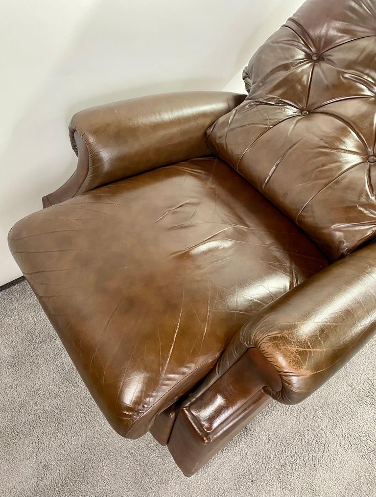 Mid-Century Brown Leather Tufted Reclining Club Chair