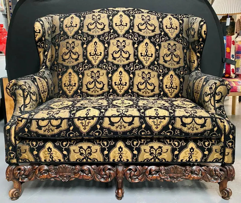 Italian Rococo Revival Style Settee or Sofa, Black and Beige Upholstery, a Pair