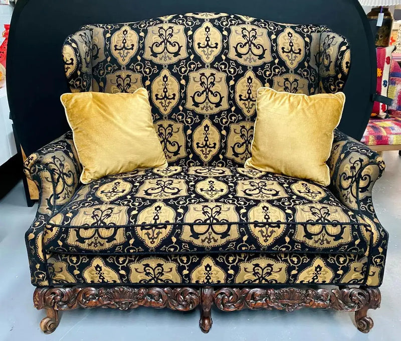 Italian Rococo Revival Style Settee or Sofa, Black and Beige Upholstery, a Pair