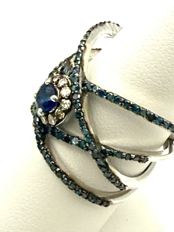 Blue Sapphire & Diamond Crisscross Cocktail Ring in Silver
