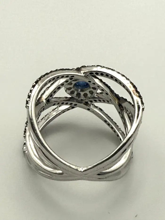 Blue Sapphire & Diamond Crisscross Cocktail Ring in Silver