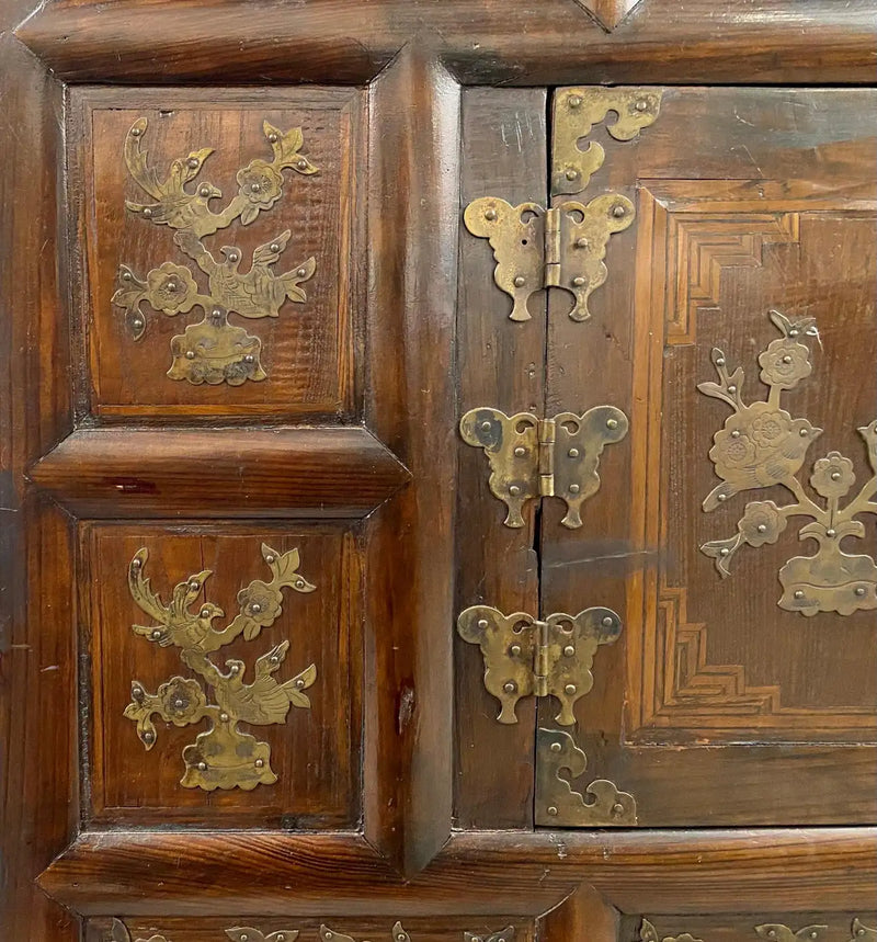 Antique Korean Tansu Butterfly Cabinet or Chest Elm Wood with Brass Inlay