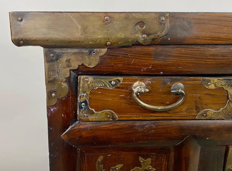 Antique Korean Tansu Butterfly Cabinet or Chest Elm Wood with Brass Inlay