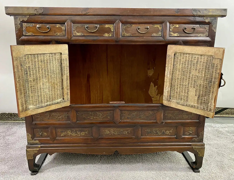 Antique Korean Tansu Butterfly Cabinet or Chest Elm Wood with Brass Inlay