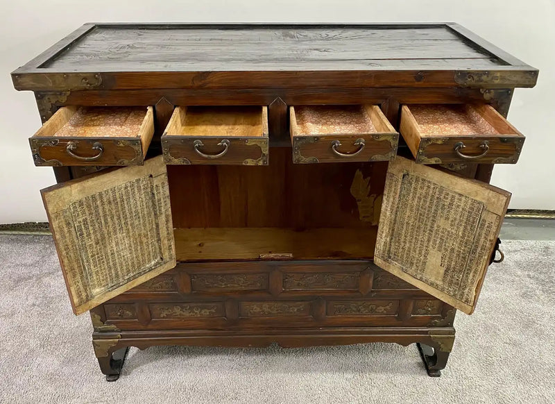 Antique Korean Tansu Butterfly Cabinet or Chest Elm Wood with Brass Inlay