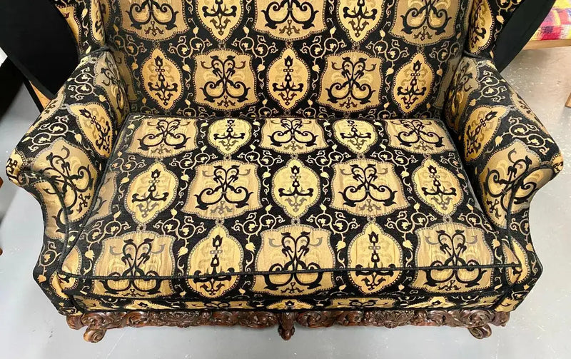 Italian Rococo Revival Style Settee or Sofa, Black and Beige Upholstery, a Pair