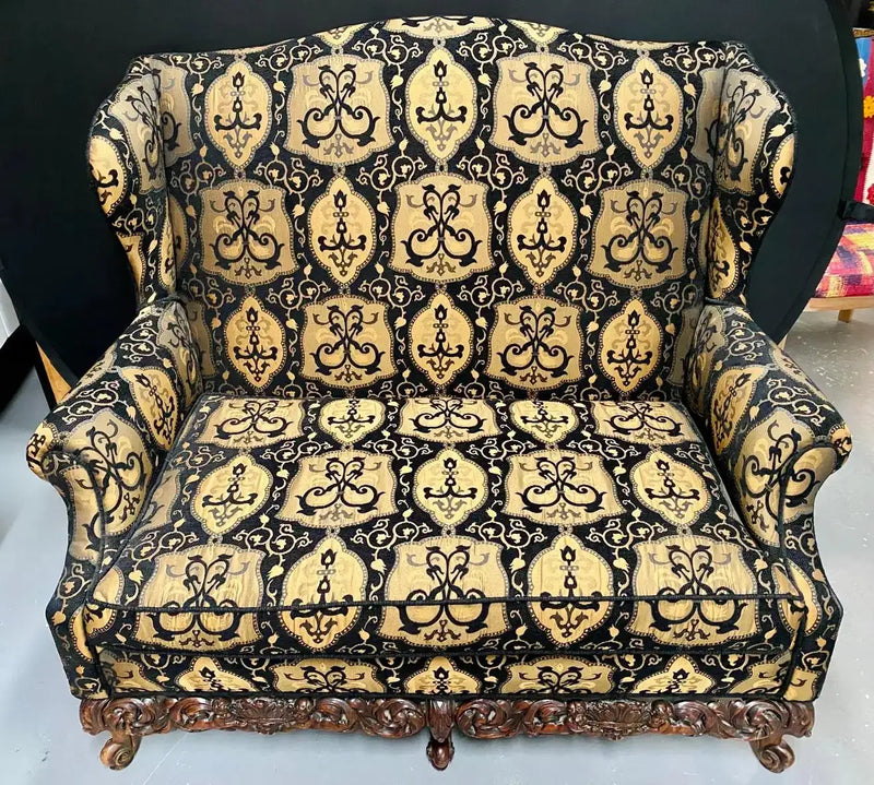 Italian Rococo Revival Style Settee or Sofa, Black and Beige Upholstery, a Pair