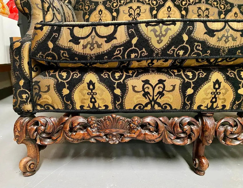 Italian Rococo Revival Style Settee or Sofa, Black and Beige Upholstery, a Pair